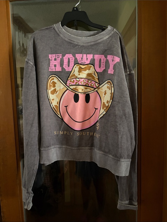 Simply Southern Tops - Simply Southern Gray Pullover with Pink Smiley Cowboy Graphic